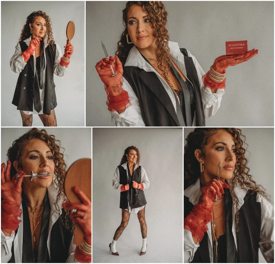 A five-frame editorial set: defined curls, tailored blazer and red gloves